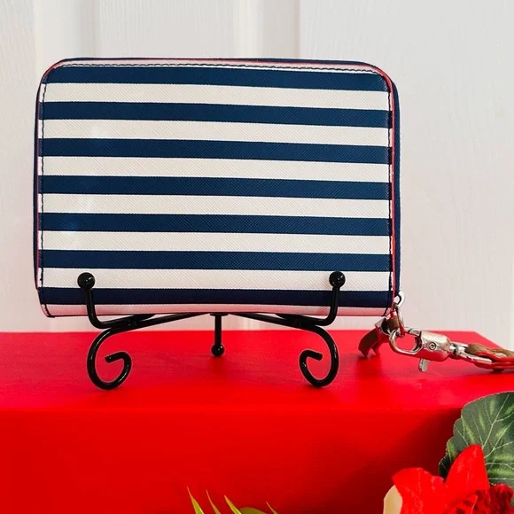 STELLA & DOT ~ Navy and White Striped Wristlet w/Red Trim Tan Strap and Interior - Picture 7 of 8